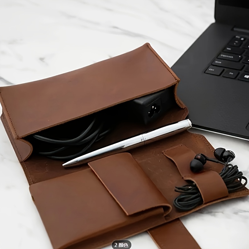 Tech Accessories Travel Case - 1pc PU Leather Multi-Compartment Organizer-Portable Tech